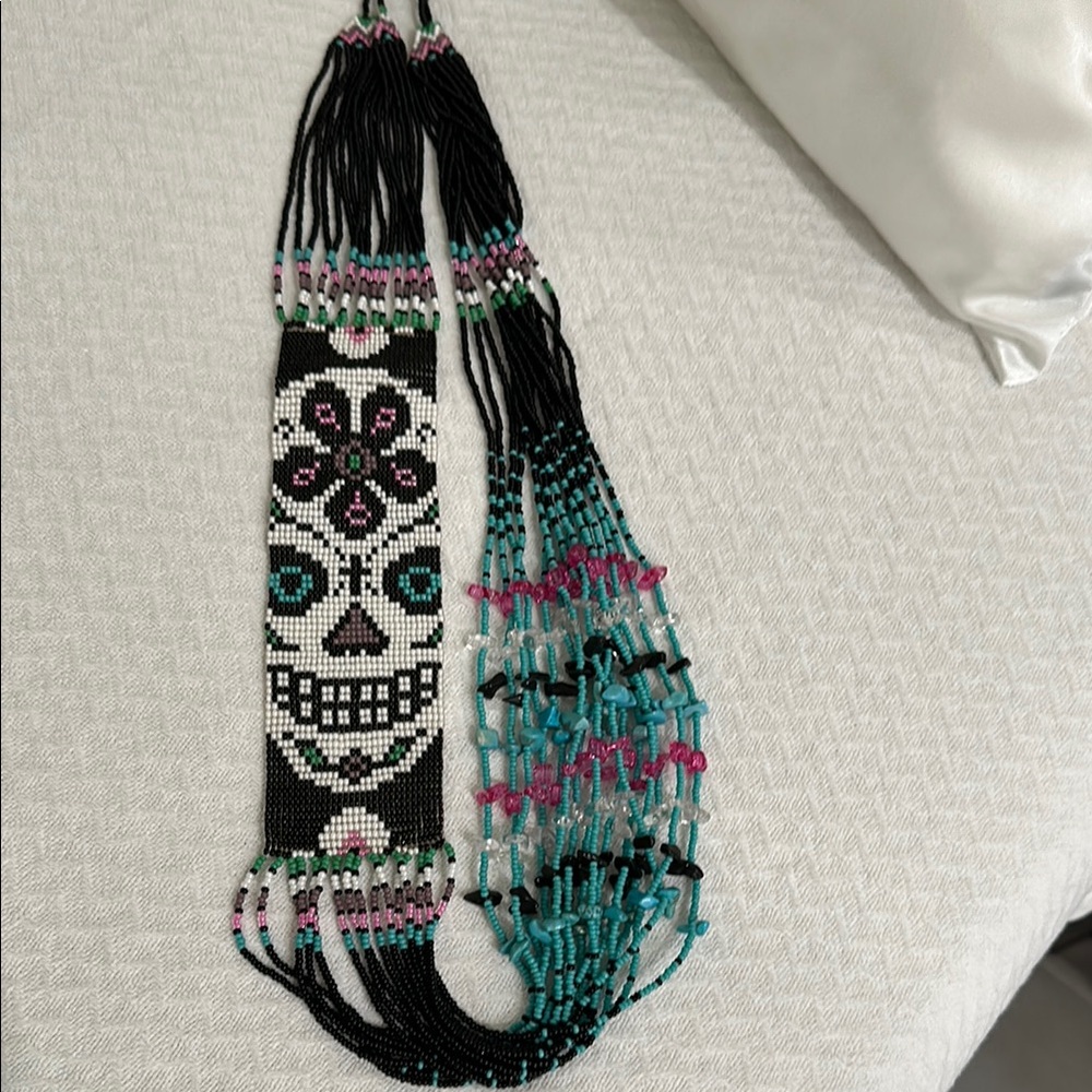 Beaded Skull Necklace with Black and Turquoise Accents